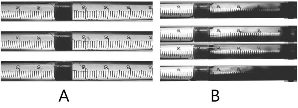 Figure 2. Turbulent liquid flow behind the diaphragm in the 1st post-extrasystolic wave imitation (A - indicator – silk thread, B - indicator – ink).